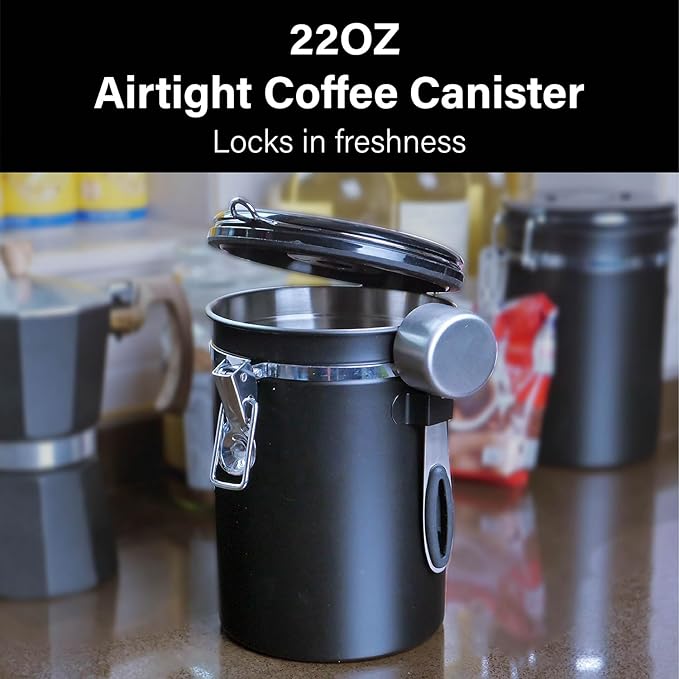 Kmass Kmaxx 2pack 22oz Airtight Stainless Steel Coffee Canister Food Storage Container with Date Tracker and Measuring Scoop for Coffee Beans or Grounds, Tea, Sugar, Rice (BLACK)