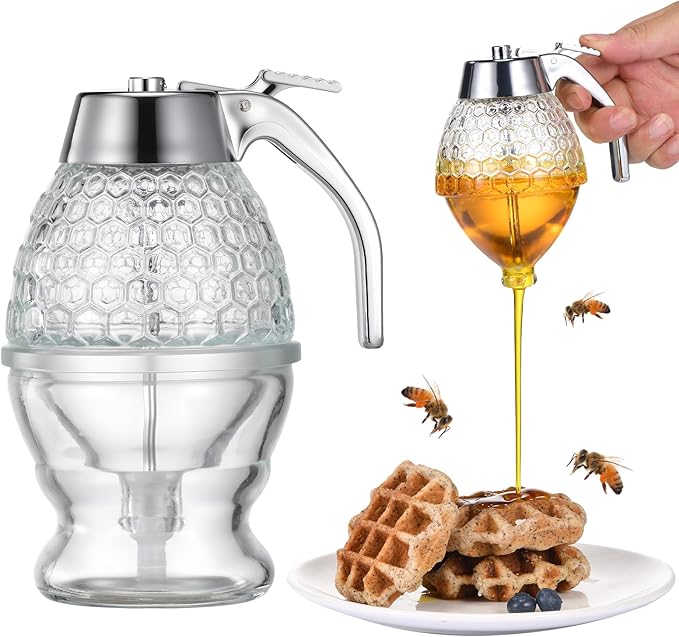 Honey Dispenser, 8oz Hunnibi Honey Container Dispenser No Drip Glass With Stand, Bee Container & Coffee Syrup Jar For Tea Time & Gifting, Elegant Comb Pot Bottle For Maple Syrup Bee