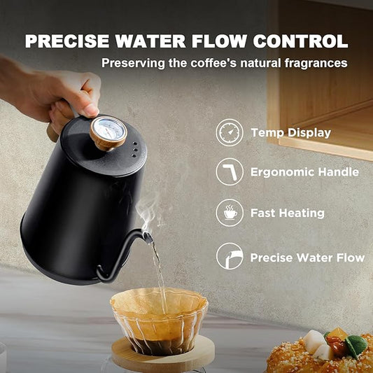 Nueve&Five Gooseneck Electric Kettle with Thermometer, Black Electric Kettle 1L with Auto Shut-Off,1000W Hot Water Kettle of Stainless Steel, Pour Over Kettle for Coffee & Tea