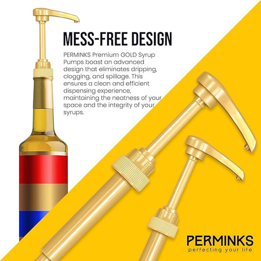 PERMINKS Premium Gold Syrup Pump – Fits Torani & DaVinci 750ml Bottles, No-Drip, Pack of 4