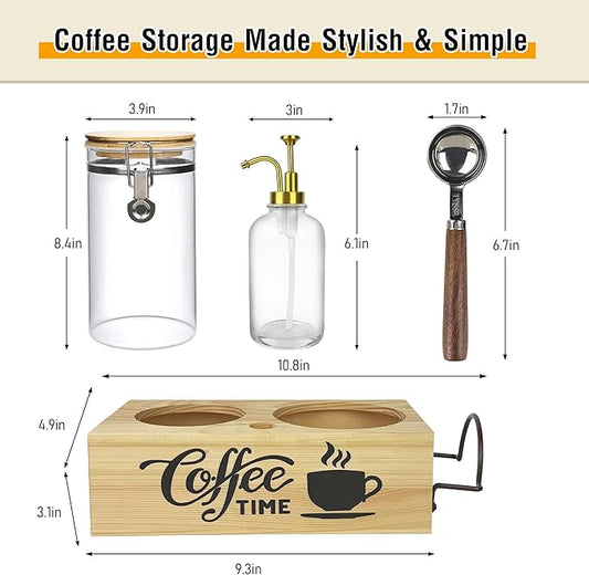 Coffee Container with Syrup Dispenser and Shelf & Spoon,40oz Air tight Glass Storage Jars and 16.9oz Glass Syrup Bottle,Coffee Bar Accessories for Kitchen Organization(1 Jar 1 Dispenser)