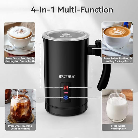 Secura Electric Milk Frother, Automatic Milk Steamer Warm or Cold Foam Maker for Coffee, Cappuccino, Latte, Stainless Steel Milk Warmer with Strix Temperature Controls (Black)