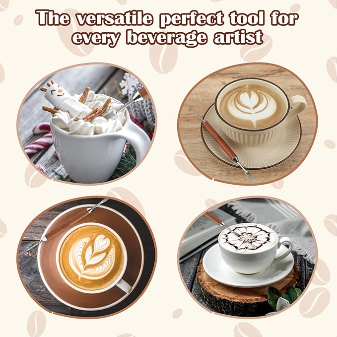 3 Pack Latte Art Pen, Coffee Drawing Tool with Wood Handle, Stainless Steel Double-Ended Barista Accessories for Espresso Designs, Home and Cafe Use