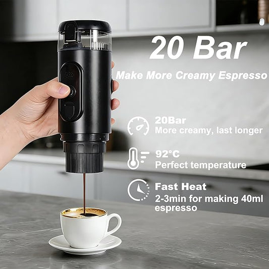 Portable Electric Espresso Machine Travel Coffee Maker 20 bar Mini Espresso Self-Heating Car Coffee Maker Compatible with Ground Coffee & NS Capsule for Camping RV Hiking Offic, Black