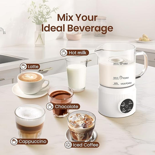 4-in-1 Milk Frother, Electric Milk Frother and Steamer with LED Touch Screen, Ceramic Lining Bottom, Milk Warmer 13.52oz for Lattes, Cappuccinos, and Macchiatos at Home, White