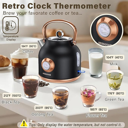 Retro Electric Kettle, 1.7L Stainless Steel Tea Kettle with Large Temperature Gauge, 1500W Fast Heating Hot Water Boiler with LED Indicator, Auto Shut-off & Boil-Dry Protection-Reteo Black