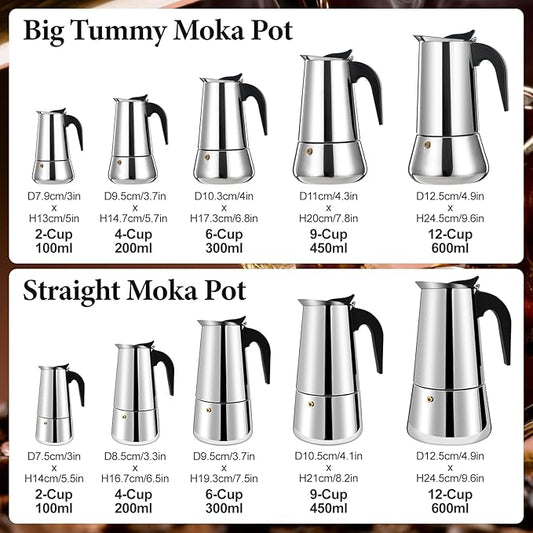 6 Cup Moka Pot Percolator Italian Coffee Maker 300ml Stovetop Espresso Mocha Stainless Steel Greca Coffee Maker Classic Cafe Makers Suitable for Induction Cookers Ceramic Stoves Tummy