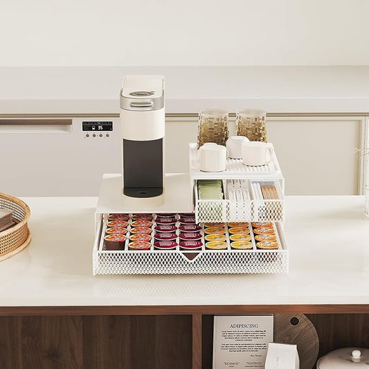 Coffee Maker Countertop Organizer,K Cup Pod Drawers,60 Coffee Capsule Pod Holder,Integrated Design Requires No Assembly.Slidng Storage Pod Baskets,K Cup holder,Silicone Drink Coasters