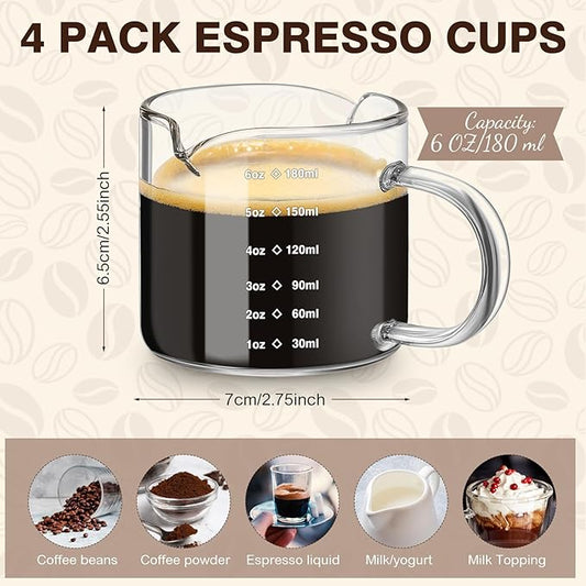 Patelai 4 Pcs 6oz/180ml Espresso Cups, Glass Measuring Cups with Double Spouts & Handle, Scale Espresso Shot Glass Milk Frothed Cup Coffee Accessories for Machines, Milk Frothed, and Bars