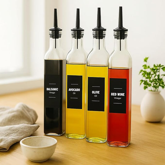 Olive Oil & Vinegar Dispenser Bottle Set with Stainless Steel Pourer, Funnel & Labels - Glass Kitchen Oil Cruet - Dispenser Bottle for Coffee Syrup, Soy Sauce, Cooking Sauces & More - 500ml - Set of 4