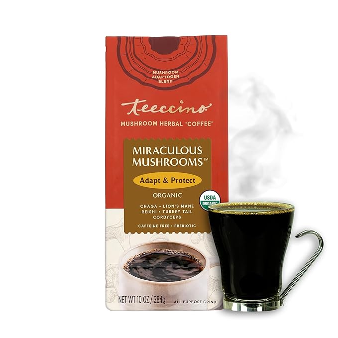 Teeccino Miraculous Mushrooms Adapt & Protect Coffee Alternative, 10 Oz – 5 Organic Adaptogenic Mushrooms with Chicory & Cacao, Caffeine Free, Prebiotic, Acid Free, All-Purpose Grind