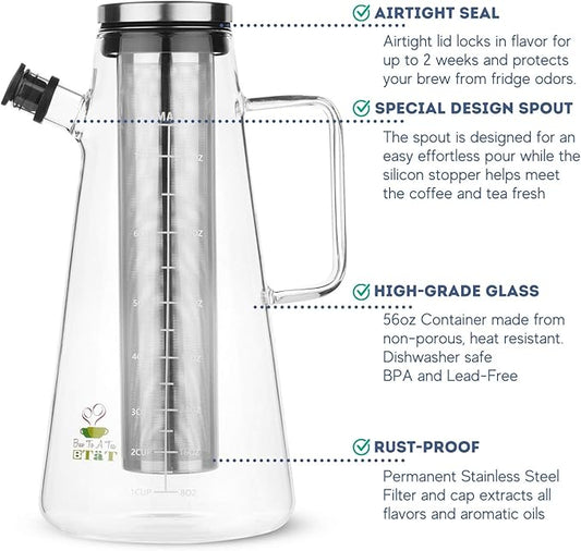 BTaT- Airtight Cold Brew Iced Coffee Maker Pitcher, 2 Liter/ 64 oz, Iced Tea Maker with Spout, Brewing Glass Carafe with Removable Stainless Steel Filter