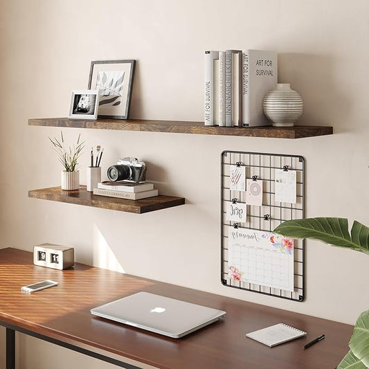 Wall Shelf Set of 2, Rustic Brown Floating Shelves 24 in W x 10 in D x 1 in H, Wooden Floating Wall Shelf with Invisible Brackets for Living Room/Bedroom/Bathroom/Kitchen Storage and Decor