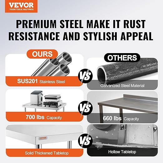 Vevor 30x36x34 Inch Stainless Steel Work Table 3-Stage Adjustable Shelf with 4 Wheels Heavy Duty Commercial Food Prep Worktable with Brake for Kitchen Prep Work