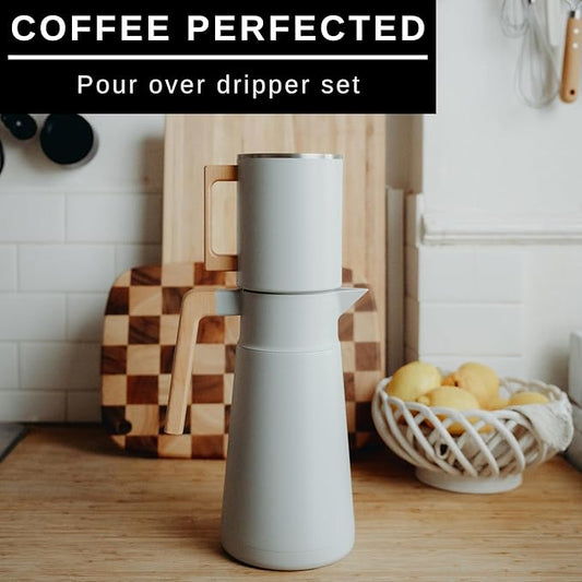 HASTINGS 68 Oz Pour Over Coffee Maker Set with Double Layer Reusable Stainless Steel Filter 8-Cup and Wood Handle - Dual Wall Heat Resistant Drip Coffee Brewer, Pour Over Coffee Dripper Carafe, Gray