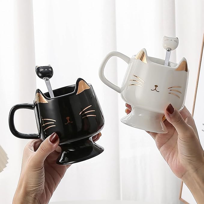 Yuwu Ceramic Coffee Mug, Cute Cat Tea Mug with Spoon, Funny Gifts for Women Girls for cat lovers (Pink)