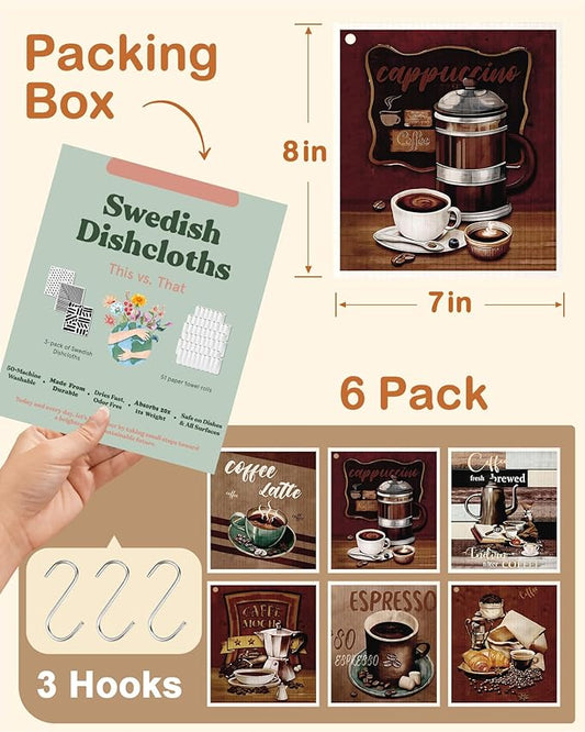 Kitchen Swedish Dishcloths with Hooks - 6 Pack Reusable Dish Cloths for Washing Dishes Fast Drying Cute Fun Swedish Dish Towels Washable Cleaning Sponge, Brown Coffee
