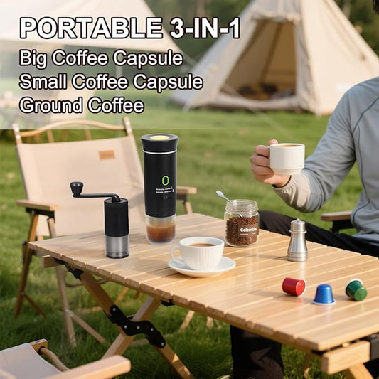 Coffee Maker Set, Portable Espresso Machine and Coffee Grinder, 3 in 1 Travel Coffee Maker Compatible Ground Coffee, Capsules (NS&DG) for Outdoor Camping Hiking Office