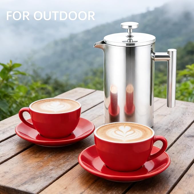 CAOANTRY French Press Coffee Maker, 304 Grade Stainless Steel French Press with 2 Extra Filters for Home, Office, Travel, Camping - 34OZ/1 Litre (Sliver)