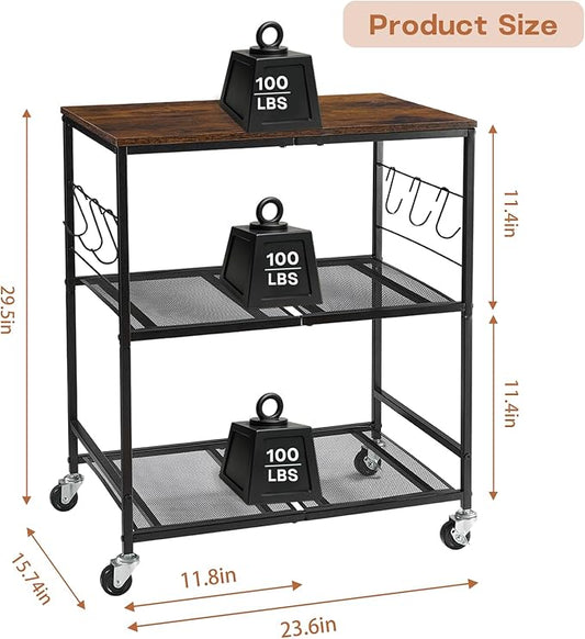 Rolling Kitchen Microwave Cart, 3 Tier Microwave Stand with Storage, Small Kitchen Island on Wheels, Wood and Mental Kitchen Shelf Rack, Black Organizer for Living Room, Office, Balcony