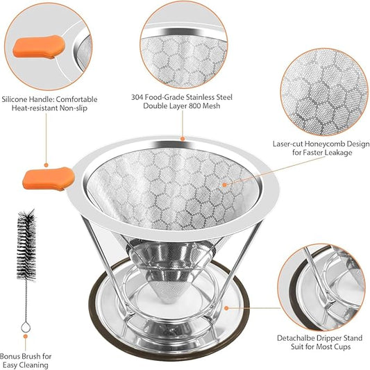 Pour Over Coffee Dripper, Paperless Pour Over Coffee Filter, Reusable Pour Over Coffee Maker Set, Dual-Layer Stainless Steel Cone Filter, Detachable Dripper Stand, Single Cup Brewer 1-4 Cup