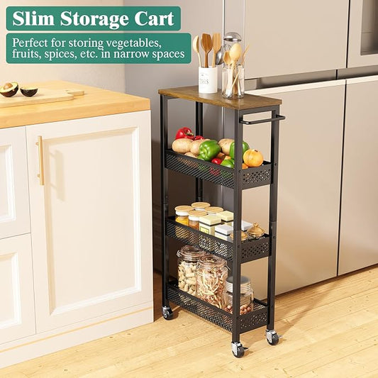 Giwil Slim Rolling Storage Cart 4 Tier Bathroom Organizer Mobile Shelving Unit Utility Cart with Wood Top and Handle for Kitchen Laundry Narrow Places, Black
