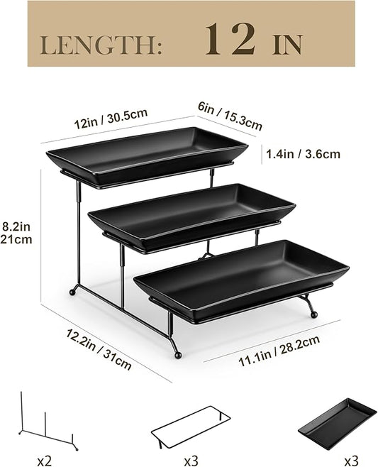 MALACASA 3 Tier Serving Tray, Porcelain Tiered Serving Trays Platters, 12 Inch Serving Stand with Platters,Black Dessert Stand with Collapsible Sturdier Metal Rack,Series PLAT