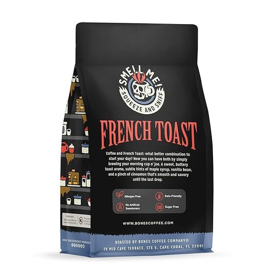 Bones Coffee Company French Toast, Sweet and Buttery Flavored Coffee, Medium Roast Low Acid Arabica Beans Compatible with Auto drip and French Press Coffee Maker, 12 Oz Ground