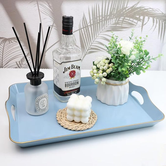 Spsyrine Light Blue Decorative Tray, Elegant Plastic Serving Tray with Handles, Coffee Table Tray for Ottoman, Living Room, Home Decor