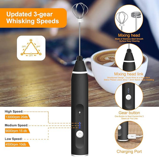 Milk Frother Handheld, Gbivbe Rechargeable Whisk Drink Mixer for Coffee with Art Stencils, Coffee Mixer for Cappuccino, Hot Chocolate Match, Frappe, Hot Chocolate, Egg Whisk