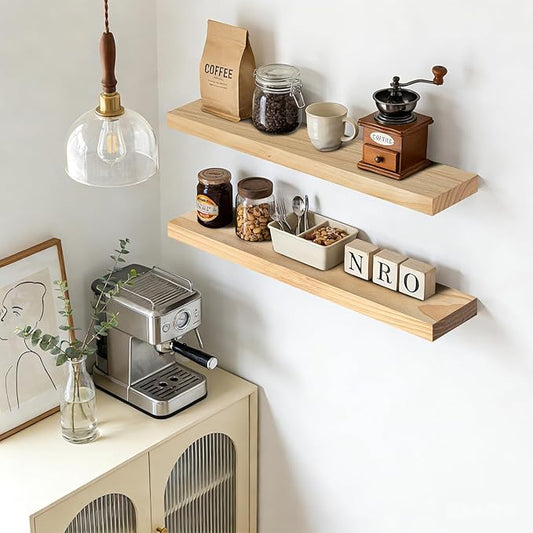 Floating Wall Shelf 36x6.8x1.7 Inch – Solid Wood Shelf in Natural Wood Finish – Heavy Duty Wall Mounted Rustic Display Shelf for Living Room, Kitchen, Bedroom, Hallway – Set of 2