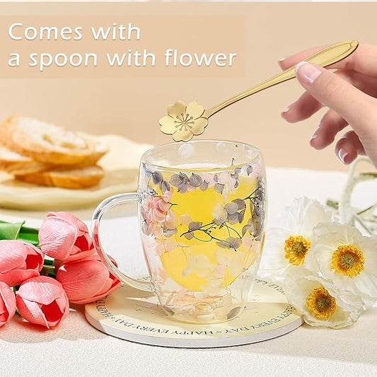 Gifts for Women Dried Flowers Double Wall Glass Coffee Mugs Cute Glass Tea Cups with Handles Christmas Birthday Gifts for Best Friend Teacher Mum Gift New Home Gift Ideas Autumn Mug Home Decor