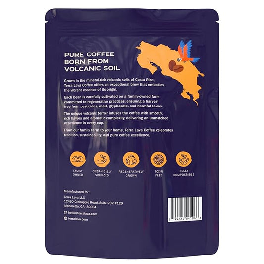 Terra Lava Whole Bean Coffee – Single-Origin Costa Rican Arabica, Lab-Tested for Purity, Mold-Free & Mycotoxin-Free, Low-Acid, Small-Batch Roasted – 12 oz (Dark Roast)