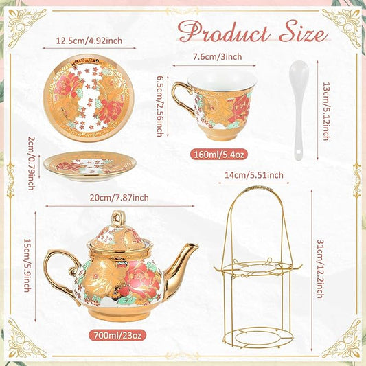 Zhehao 20 Pcs Porcelain Tea Set with Metal Holder and Spoon Adult Ceramic Tea Set European Flower Painting Teapot Cup Saucer Spoon for Women, Large Version(Stylish Style)
