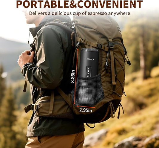 Leozora Portable Espresso Maker, 20Bar Professional Pressure, Stainless Steel Body, 7500mAh USB-C Rechargeable, 3-in-1 for Ground Coffee & Nespresso/DG Capsules, Ideal for Camping, Car, Office, Black