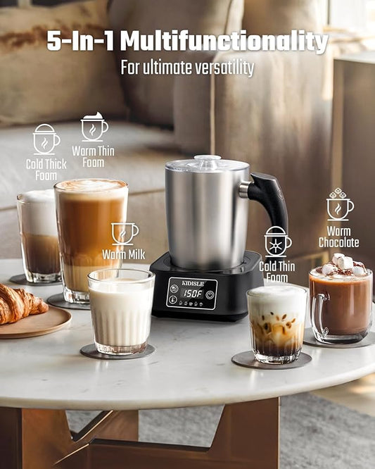 5-in-1 Milk Frother and Steamer, 17oz Detachable Frother with Adjustable Temperature, Hot Chocolate Maker, Stainless Steel Milk Steamer, Hot & Cold Foam Maker, Dishwasher Safe