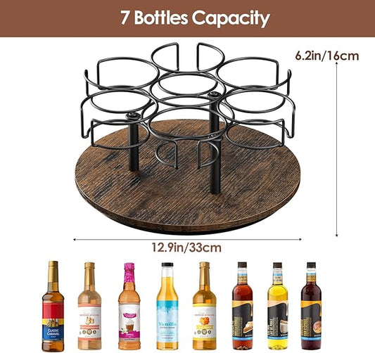 Kssiaz Rotating Coffee Syrup Organizer, 7 Bottles Coffee Syrup Rack for Countertop Syrup Bottle Holder Stand for Coffee Bar Station, Carbon Steel Frame with Wooden Base Coffee Bar Accessory, Black