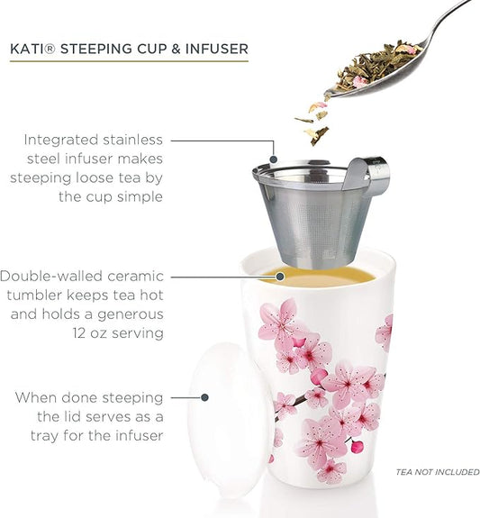 Tea Forte Double-Walled Ceramic Kati Cup, Removable Stainless Steel Infuser Basket and Lid, Steeps 12 oz Loose Leaf Tea, Dishwasher & Microwave Safe, Hanami