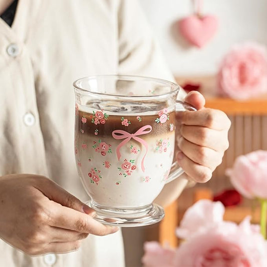 KEMORELA 16oz Valentine's glass coffee mugs Set of 2, Cute Pink Bow glass cup with Handle, Romantic Mug, Sweet Valentine's Gifts for Couple Drinking Glasses for Valentines Party- Dishwasher Safe