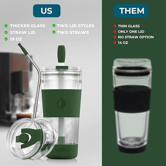 19 oz. Clear Double Wall Glass Coffee Tumbler, To Go Glass Travel Mug with Lid and Straw, Reusable Cup Tea, Smoothies, Ice Coffee, and Boba