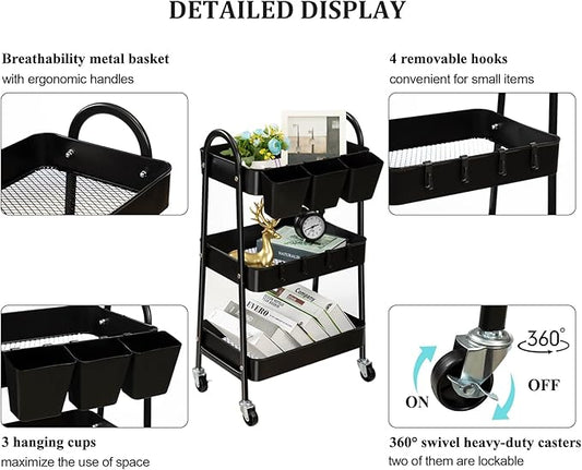 danpinera 3-Tier Rolling Cart, Utility Cart Mobile Metal Rolling Storage Cart with Lockable Wheels & Hanging Cups & Hooks for Kitchen, Bathroom, Office, Workshop, Black