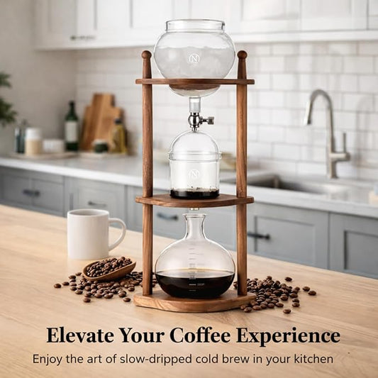 Nispira Cold Brew coffee Maker Ice Coffee Drip Machine with Advanced Slow Drip Technology Borosilicate Glass with Wood Tower, 6-8 Cup, Brown