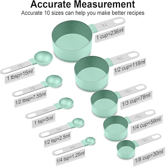 Measuring Cups and Spoons Set, 10 Pieces Nesting Measure Cups and Spoons, Kitchen Essentials Gadgets with Stainless Steel Handle for Dry & Liquid Ingredient (Lake Green 10 Pcs)