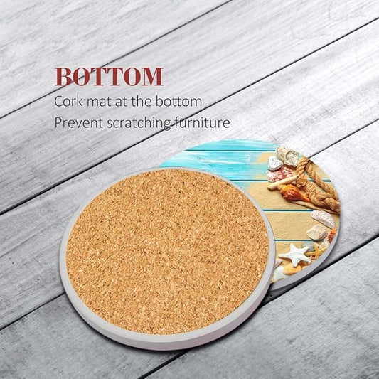 Britimes Coaster for Drinks Set of 6, Shells Blue Wooden Space Beach Table Absorbent Round Ceramic Stone Mat, with Cork Base and Metal Holder, Gift for Housewarming Room Bar Decor