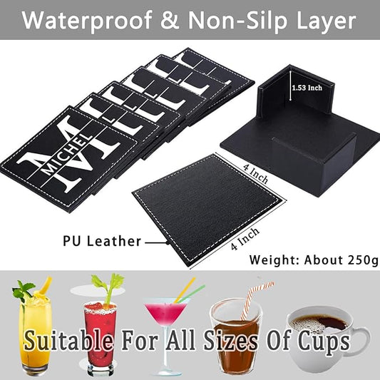 Personalized Coasters, Custom Set of 6 Leather Coaster for Drinks with Holder, DIY Name/Photo/Logo, Non-Slip, Heat Resistant, Waterproof for Coffee Table Bar Beer Wine Cup Housewarming