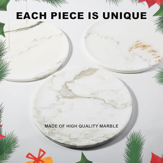 Marble Serving Tray, 11.8in Round Vanity Tray for Bathroom Countertop, Calacatta Candle Holder for Coffee Table/Kitchen, Stone Home Decorative Catchall Tray for Perfume