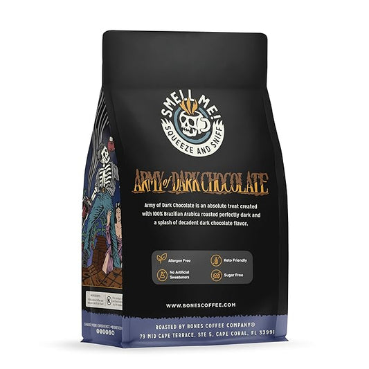 Bones Coffee Company Army of the Dark Chocolate Flavored Coffee, Medium Roast Low Acid Arabica Beans Compatible with Auto drip and French Press Coffee Maker, 12 Oz Ground
