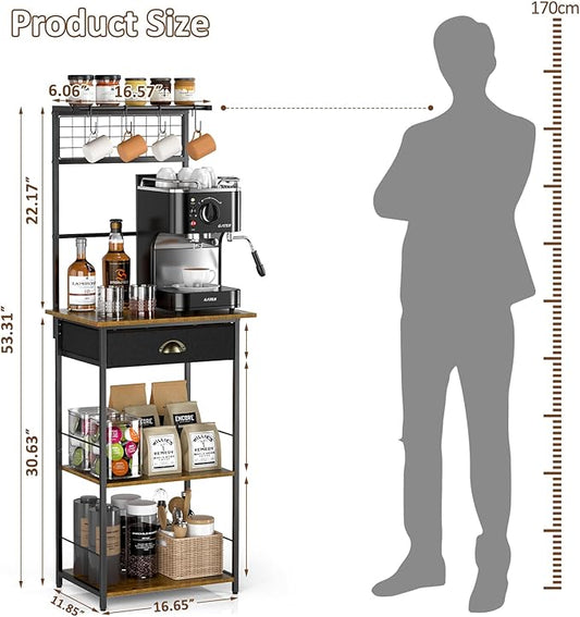 5 Tier Coffee Bar Station with Drawer, Kitchen Stand with 4 S-Shaped Hooks, Farmhouse Corner Coffee Bar Cabinet for Small Spaces, Bakers Rack for Kitchen, Living Room, 13.43" D x 18.93" W x 53.31" H