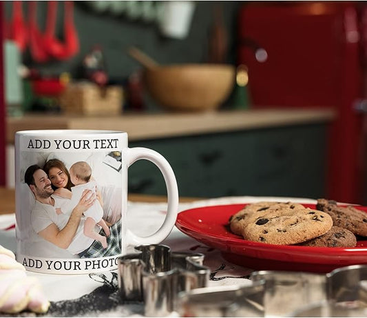 Custom Coffee Mug with Photo, Text, or Logo | Personalized Ceramic Mug 11oz | Customizable Gift for Men, Women | Unique Gift for Birthdays, Holidays, Christmas | White - Blue