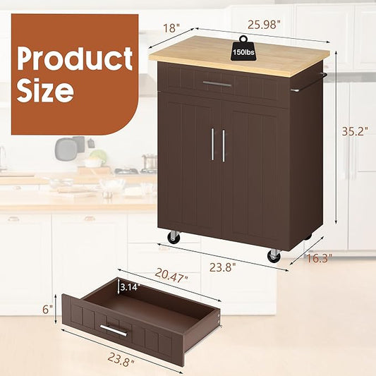 SUNLEI Kitchen Island on Wheels with Storage Cabinet & Drawer, 26" Width Rolling Kitchen Table, Cart Handle for Towel Rack or Free Mobility, Portable Islands for Kitchen, Dining Room(Brown)